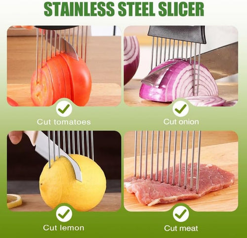 2024 Upgraded Onion Holder for Slicing, New Stainless Steel Onion Slice Holder Lemon Slicer Vegetable Cutter, Kitchen Chopper Slicing Assistant Tool for Meat, Onion, Potato, Tomato (1 Pack)