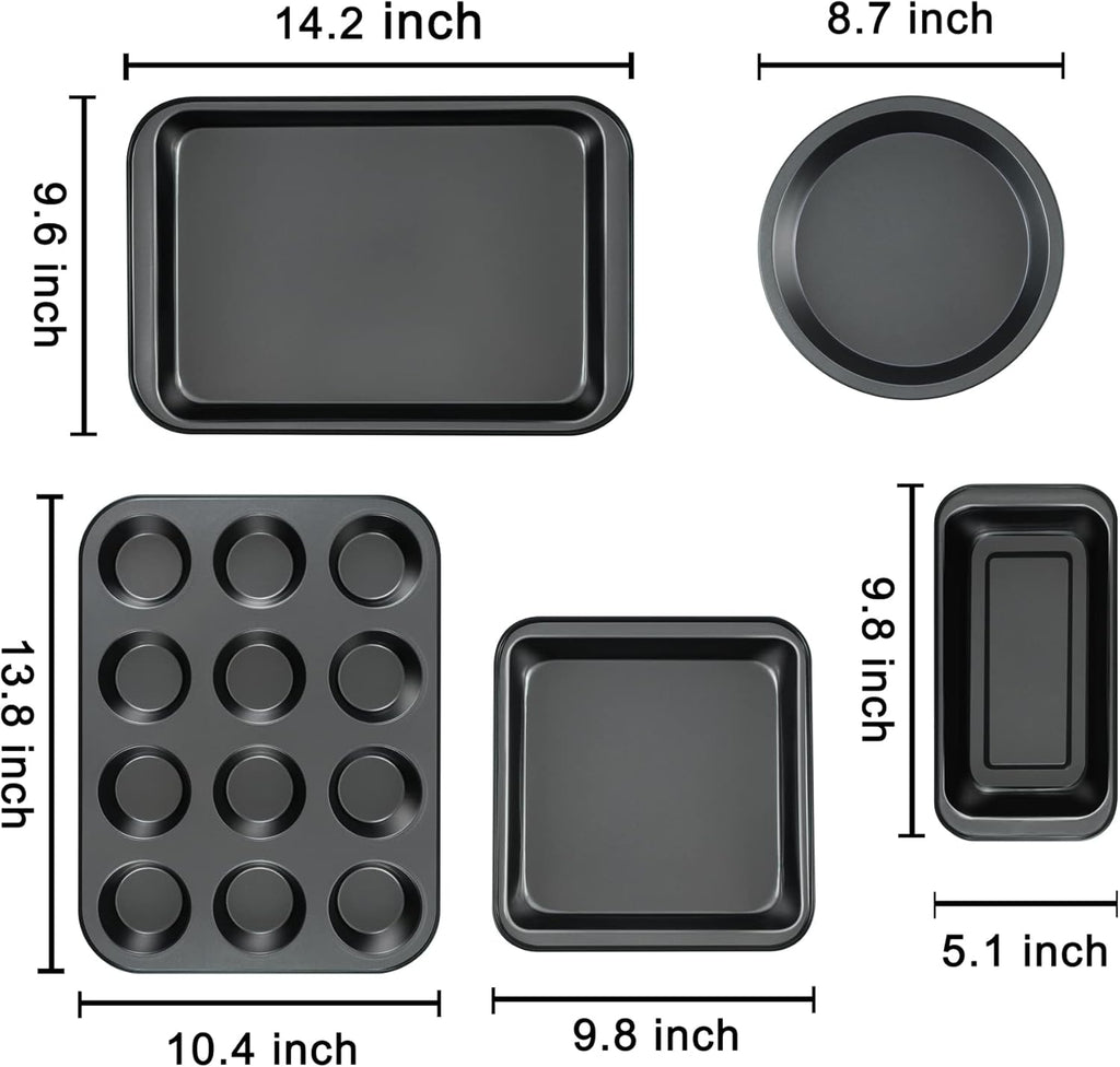 Kitchen 5-Piece Nonstick Bakeware Set - Round/Square Cake Pans, Muffin Pan, Loaf Pan, Roast Pan & Baking Sheets